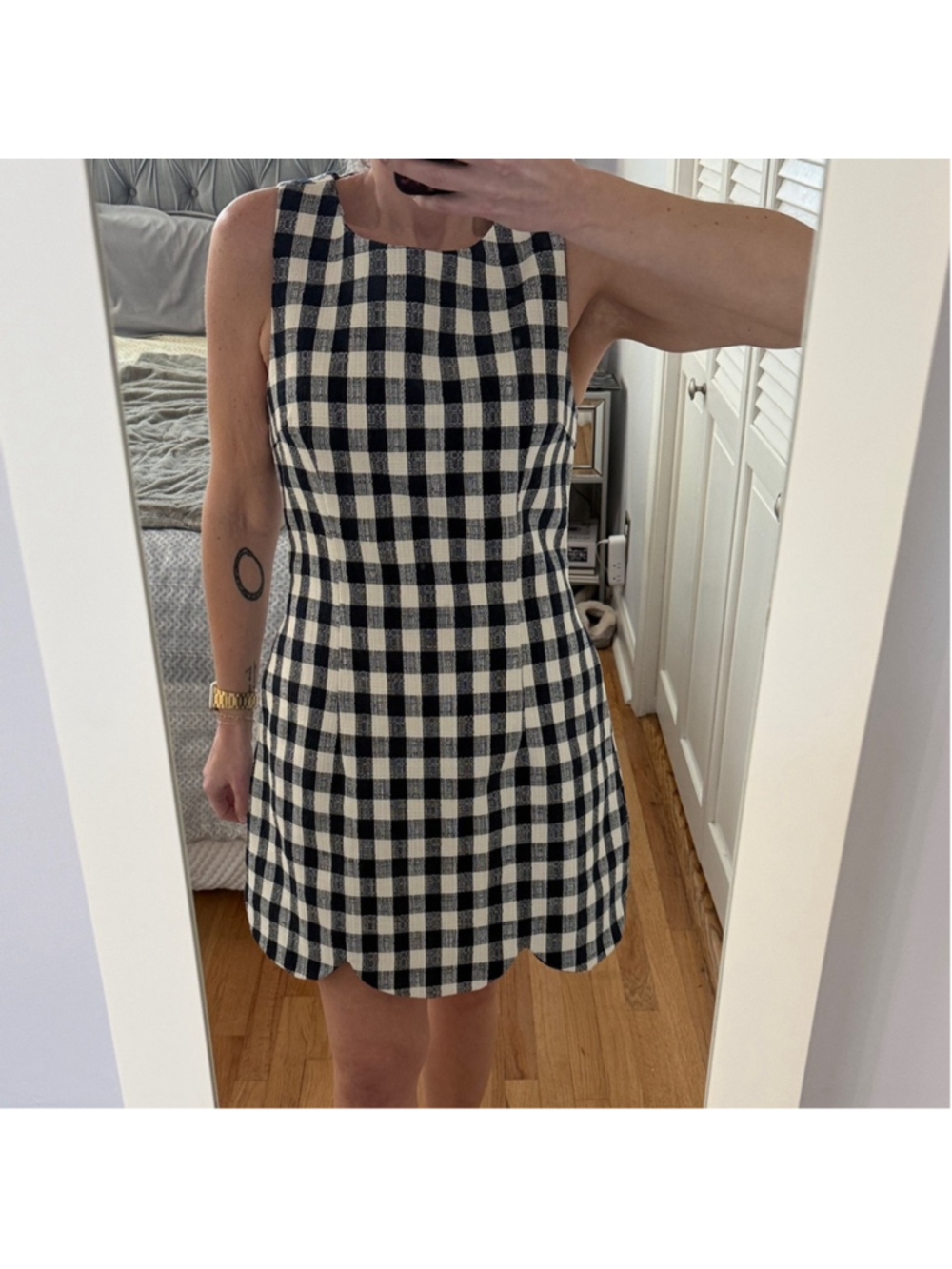 Sleeveless Navy and Cream Gingham Mini Dress with Scalloped Hem